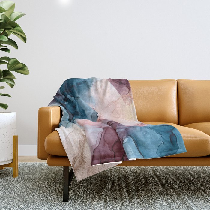 Pastel Plum, Deep Blue, Blush and Gold Abstract Painting Throw Blanket Gallery Image 1