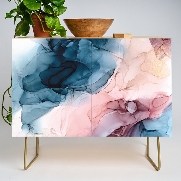 Pastel Plum, Deep Blue, Blush and Gold Abstract Painting Credenza Gallery Image 1