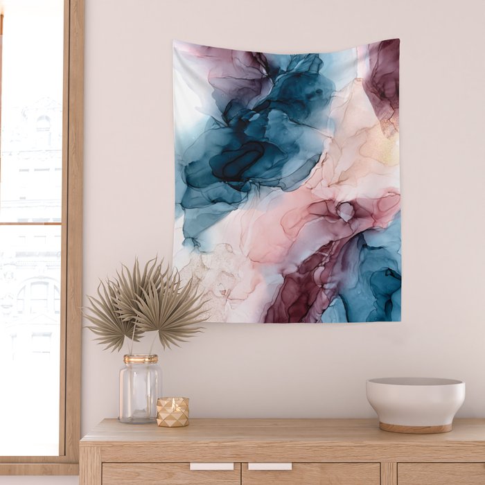 Pastel Plum, Deep Blue, Blush and Gold Abstract Painting Wall Tapestry Gallery Image 2