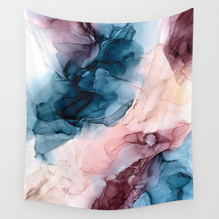 Pastel Plum, Deep Blue, Blush and Gold Abstract Painting Wall Tapestry Gallery Image 4