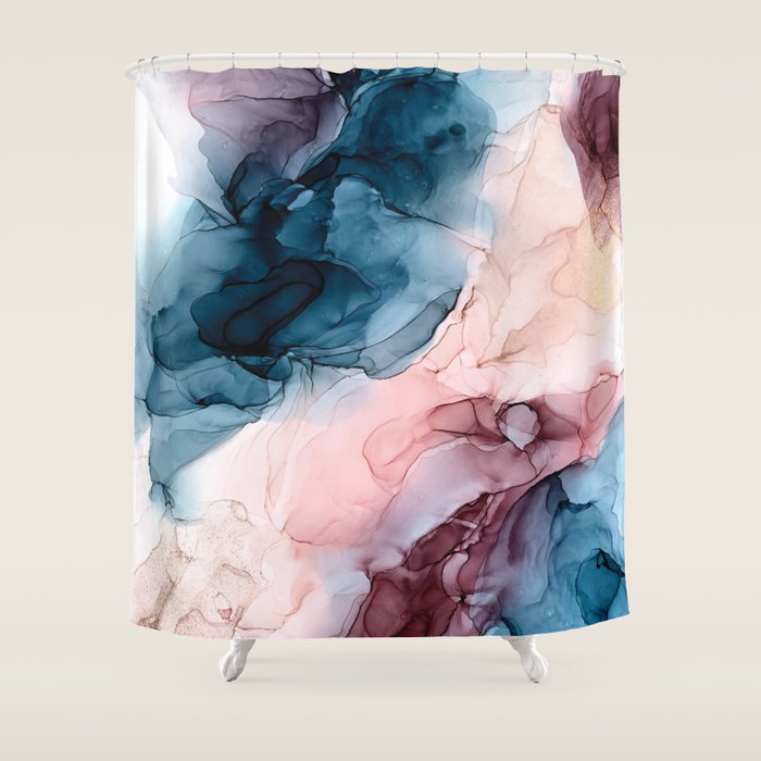 Pastel Plum, Deep Blue, Blush and Gold Abstract Painting Shower Curtain Gallery Image 1