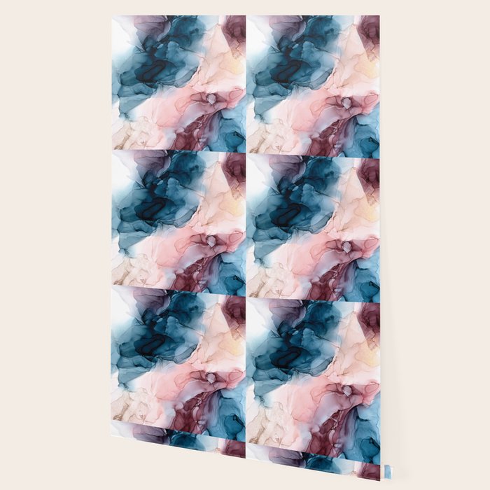 Pastel Plum, Deep Blue, Blush and Gold Abstract Painting Wallpaper Gallery Image 2