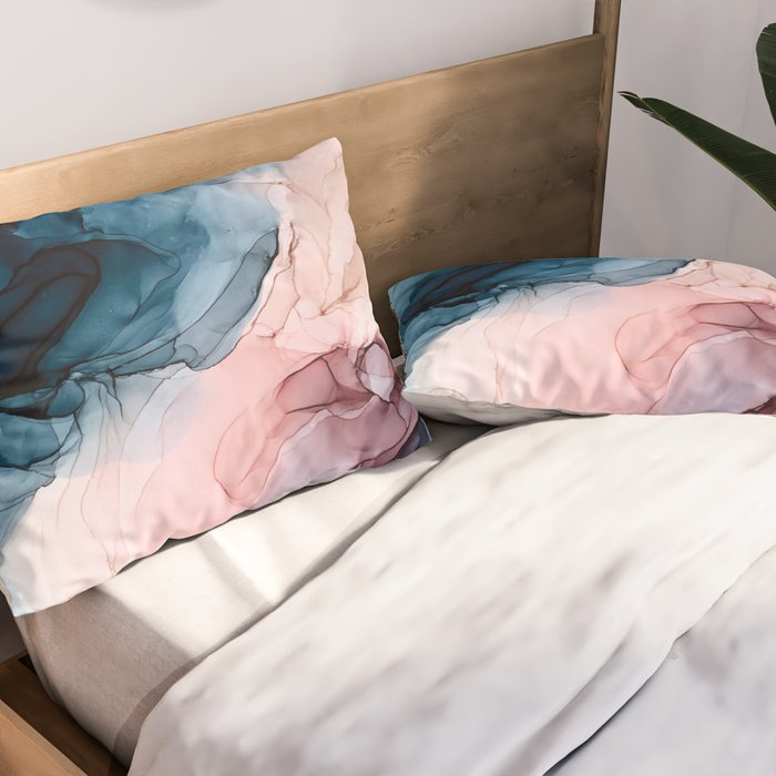 Pastel Plum, Deep Blue, Blush and Gold Abstract Painting Pillow Sham Gallery Image 2