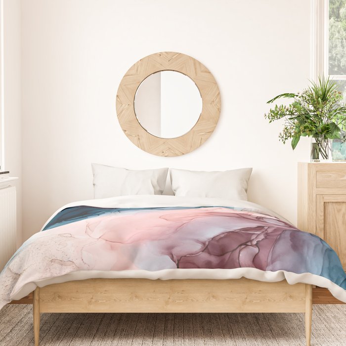 Pastel Plum, Deep Blue, Blush and Gold Abstract Painting Duvet Cover Gallery Image 3