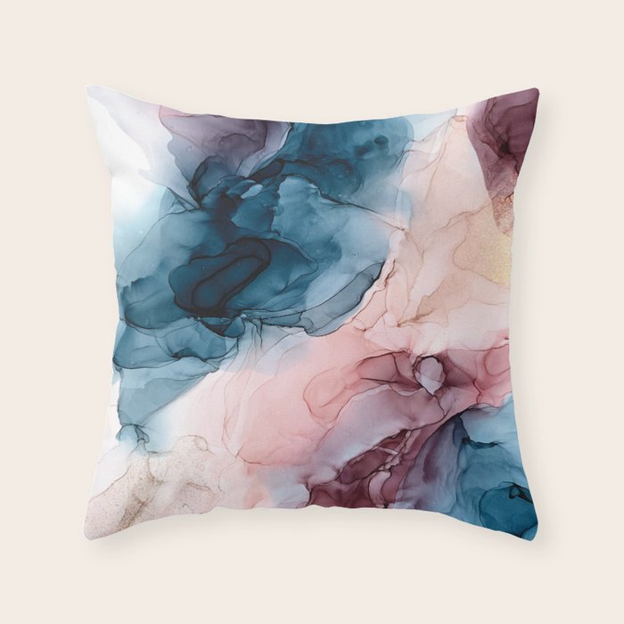 Pastel Plum, Deep Blue, Blush and Gold Abstract Painting Throw Pillow Gallery Image 1
