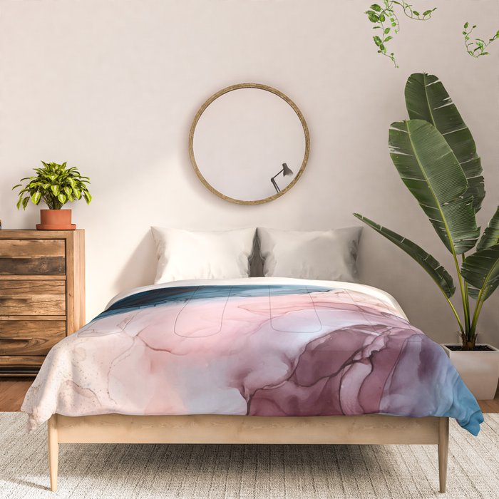 Pastel Plum, Deep Blue, Blush and Gold Abstract Painting Comforter Gallery Image 3