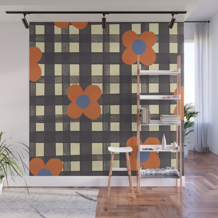 Black and red check and flowers Wall Mural Gallery Image 1