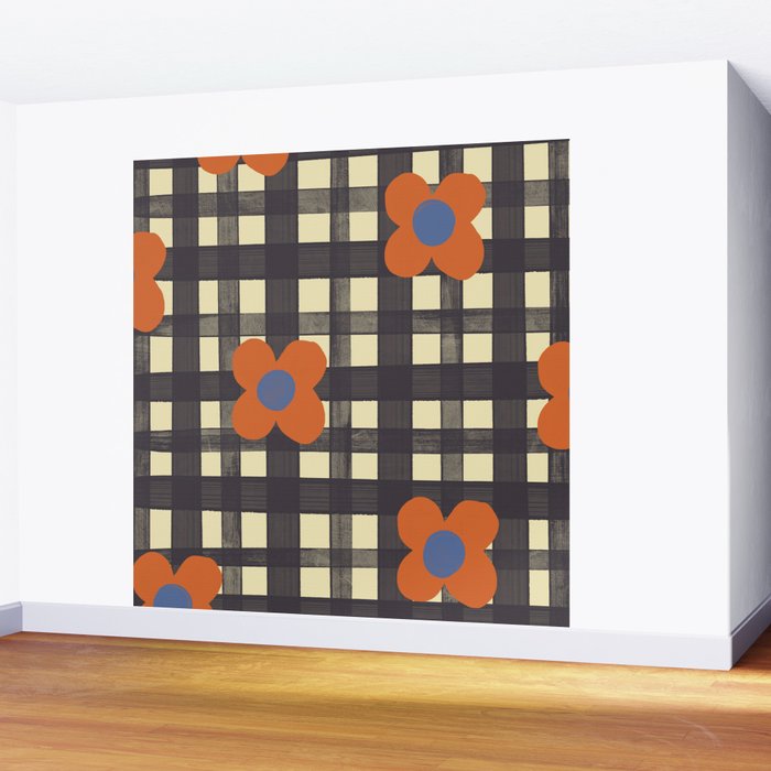 Black and red check and flowers Wall Mural Gallery Image 2