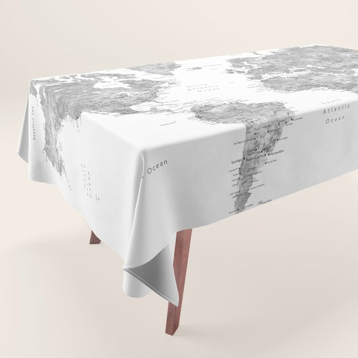 Grayscale watercolor world map with cities Tablecloth Gallery Image 1