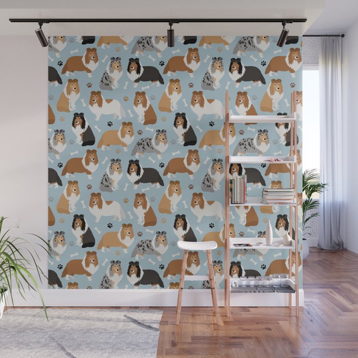 Shetland Sheepdog Sheltie Dog Paws and Bones Pattern Wall Mural Gallery Image 1