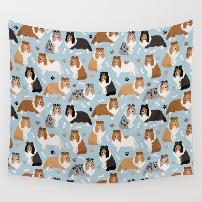 Shetland Sheepdog Sheltie Dog Paws and Bones Pattern Wall Tapestry Gallery Image 1