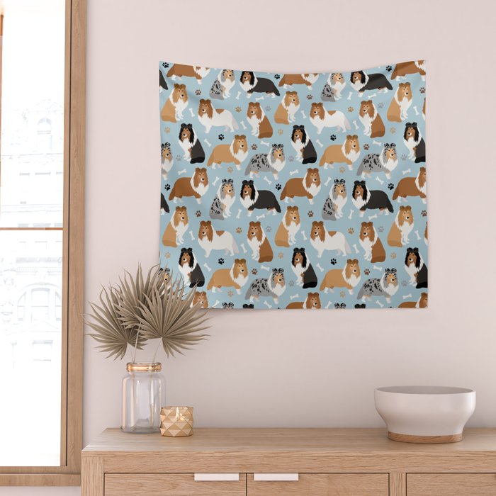 Shetland Sheepdog Sheltie Dog Paws and Bones Pattern Wall Tapestry Gallery Image 2