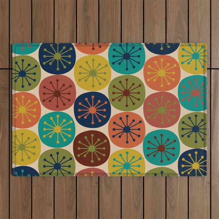 Atomic Dots Pattern in Mid Mod Teal, Orange, Olive, Blue, Mustard, and Beige Outdoor Rug Gallery Image 1