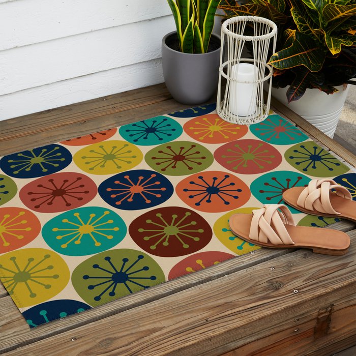 Atomic Dots Pattern in Mid Mod Teal, Orange, Olive, Blue, Mustard, and Beige Outdoor Rug Gallery Image 2