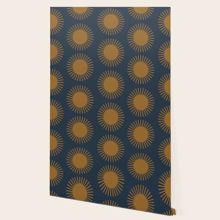 Boho Summer Sun Pattern VII Navy Blue Burnt Orange Wallpaper Gallery Image 2
