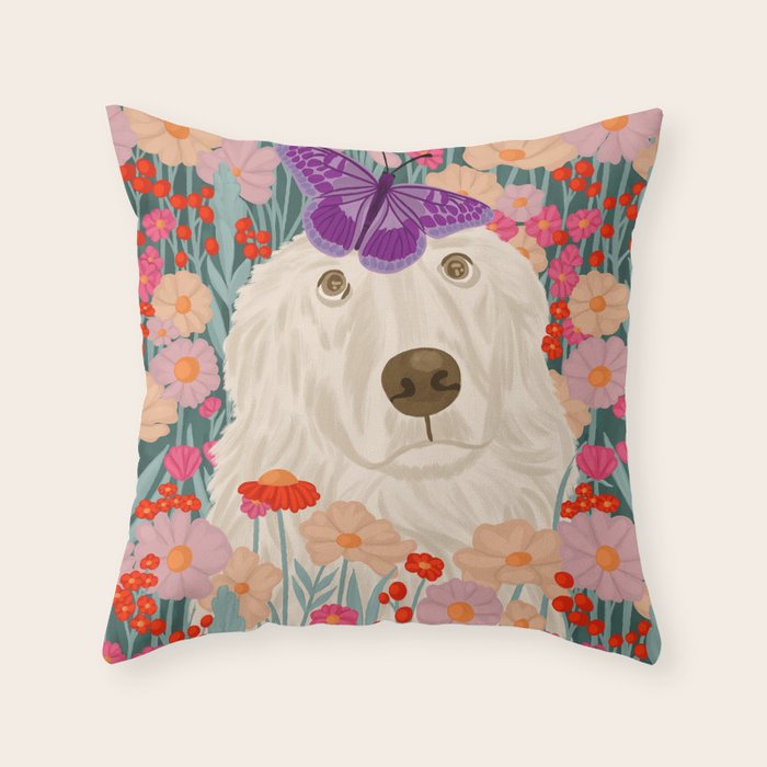 Butterfly Blossoms and a Furry Friend Throw Pillow Gallery Image 6