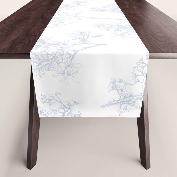 Botanical Cottage Floral Pattern in Soft Light Blue and White Table Runner Gallery Image 1