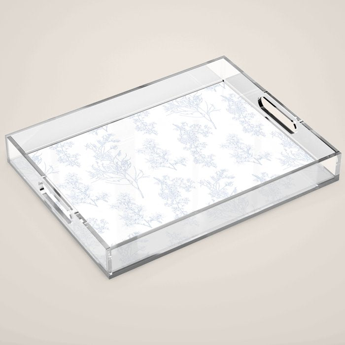 Botanical Cottage Floral Pattern in Soft Light Blue and White Acrylic Tray Gallery Image 1