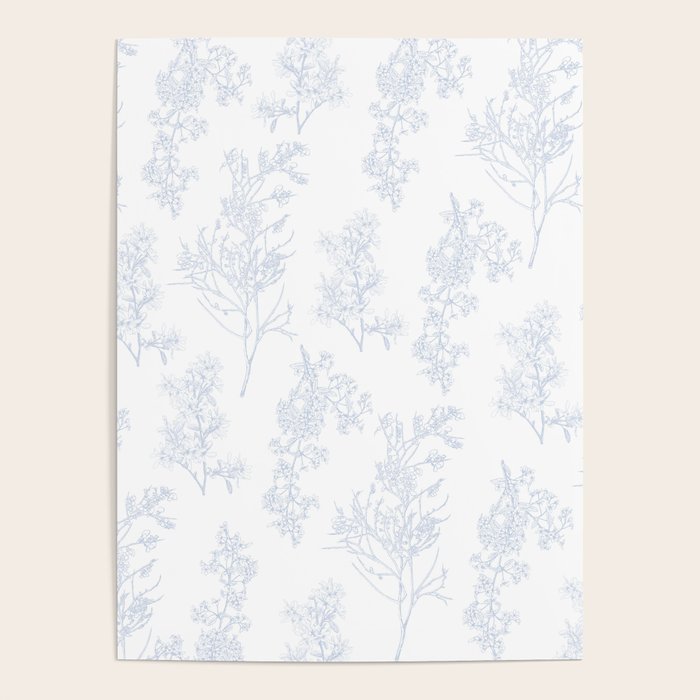 Botanical Cottage Floral Pattern in Soft Light Blue and White Poster Gallery Image 4