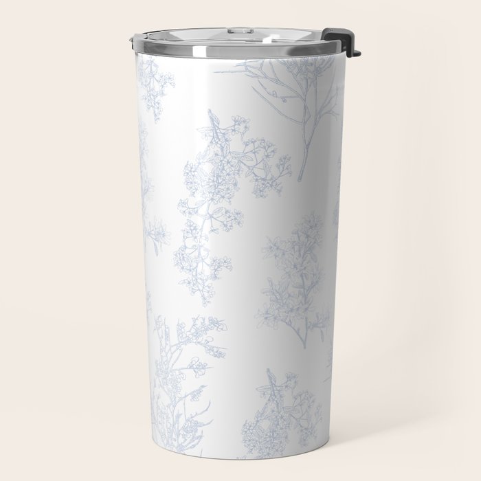 Botanical Cottage Floral Pattern in Soft Light Blue and White Travel Mug Gallery Image 2