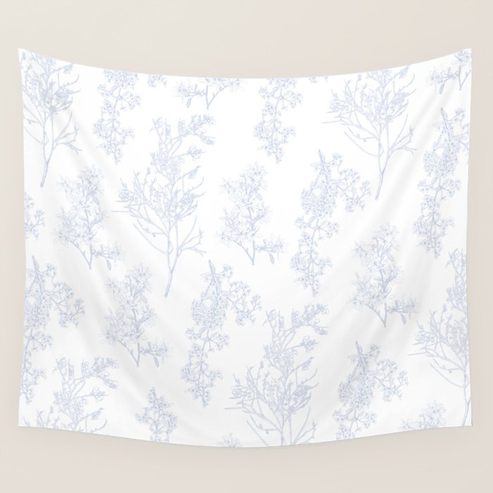 Botanical Cottage Floral Pattern in Soft Light Blue and White Wall Tapestry Gallery Image 4