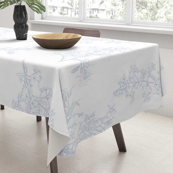 Botanical Cottage Floral Pattern in Soft Light Blue and White Tablecloth Gallery Image 3