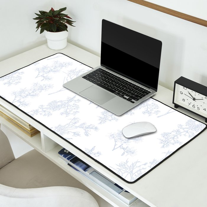 Botanical Cottage Floral Pattern in Soft Light Blue and White Desk Mat Gallery Image 2
