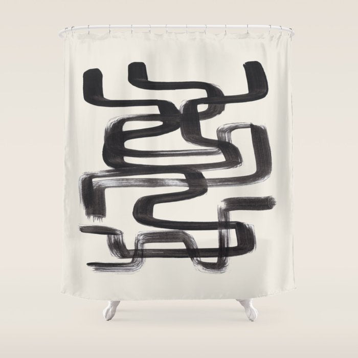 Mid Century Modern Minimalist Abstract Art Brush Strokes Black & White Ink Art Pipe Maze Shower Curtain Gallery Image 1