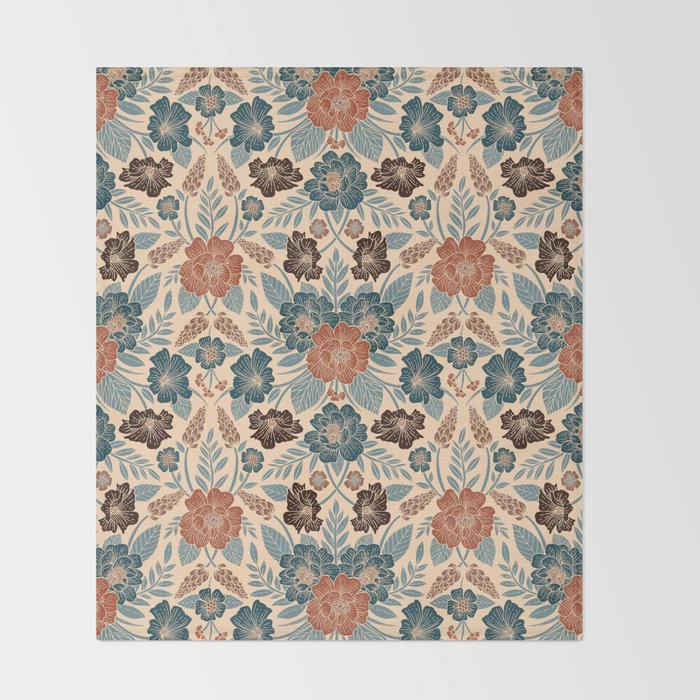 Fall Floral Pattern in Blue, Brown & Rust Throw Blanket Gallery Image 2