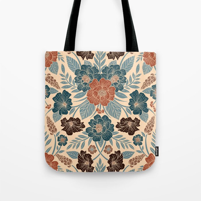 Fall Floral Pattern in Blue, Brown & Rust Tote Bag Gallery Image 1