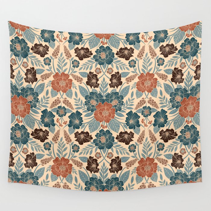 Fall Floral Pattern in Blue, Brown & Rust Wall Tapestry Gallery Image 1