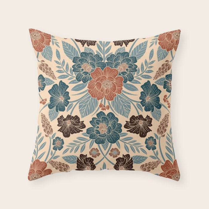 Fall Floral Pattern in Blue, Brown & Rust Throw Pillow Gallery Image 6
