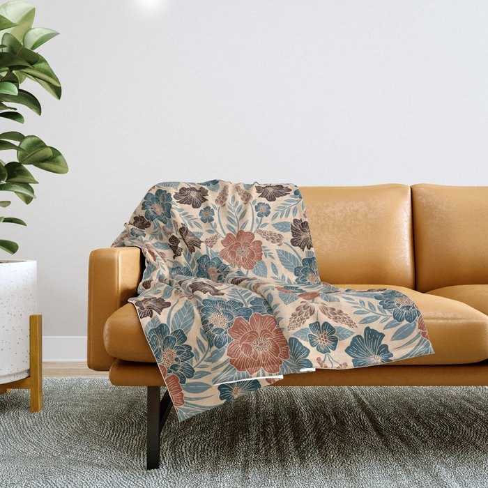 Fall Floral Pattern in Blue, Brown & Rust Throw Blanket Gallery Image 1