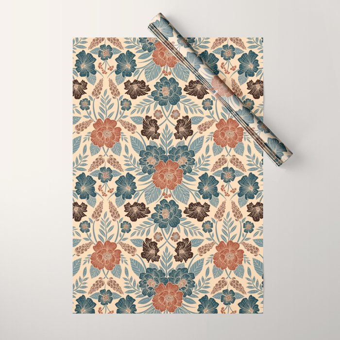 Fall Floral Pattern in Blue, Brown & Rust Wrapping Paper Gallery Image 1