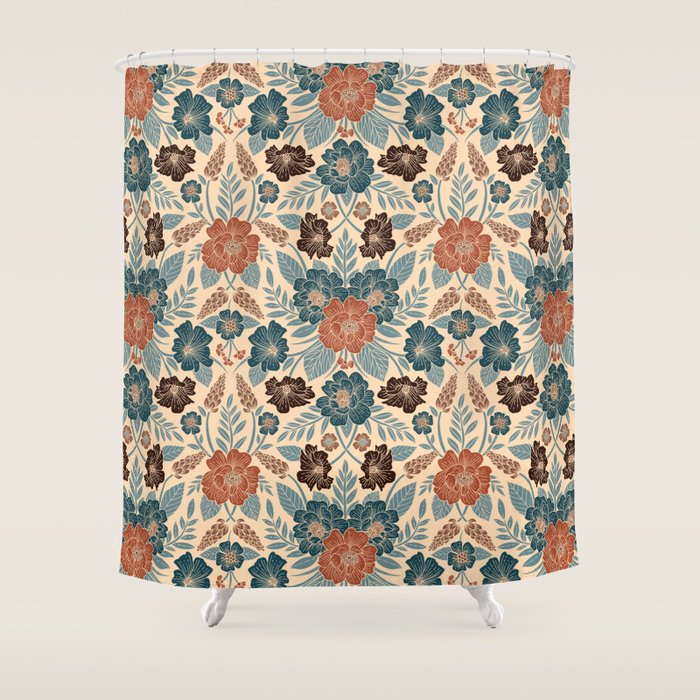 Fall Floral Pattern in Blue, Brown & Rust Shower Curtain Gallery Image 1