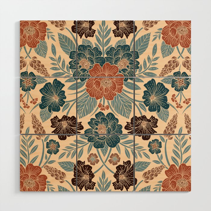 Fall Floral Pattern in Blue, Brown & Rust Wood Wall Art Gallery Image 1