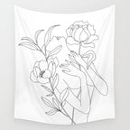 Minimal Line Art Woman with Peonies Wall Tapestry Gallery Image 4