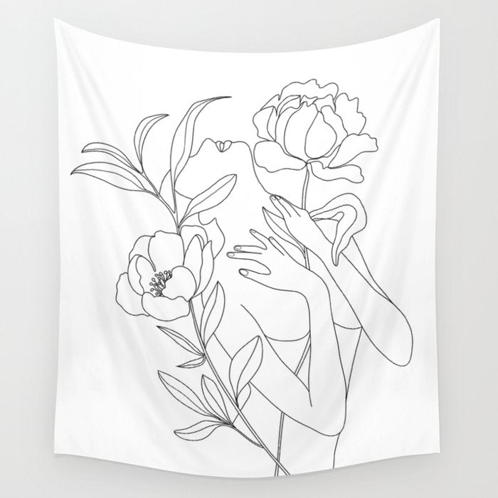 Minimal Line Art Woman with Peonies Wall Tapestry Gallery Image 4