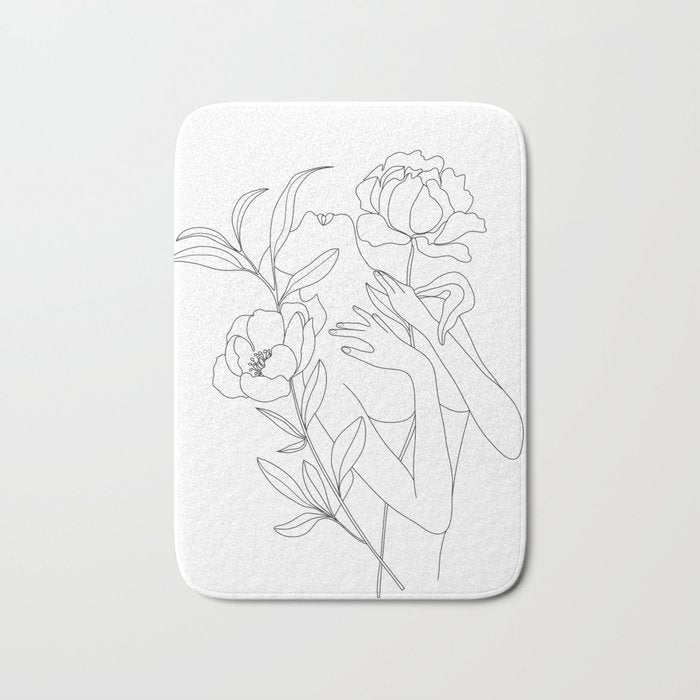 Minimal Line Art Woman with Peonies Bath Mat Gallery Image 1