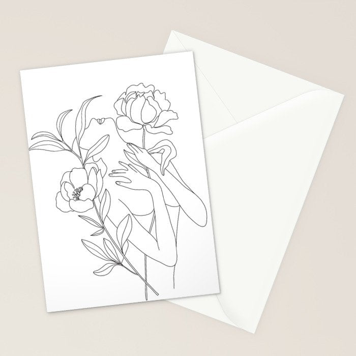 Minimal Line Art Woman with Peonies Stationery Card Gallery Image 2