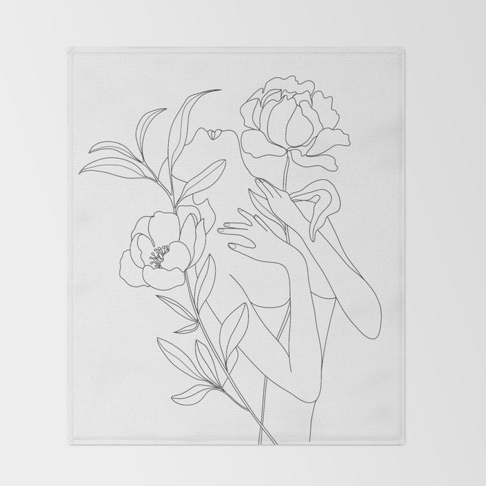 Minimal Line Art Woman with Peonies Throw Blanket Gallery Image 2