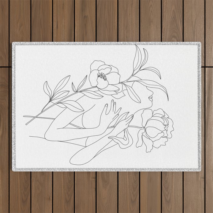 Minimal Line Art Woman with Peonies Outdoor Rug Gallery Image 1