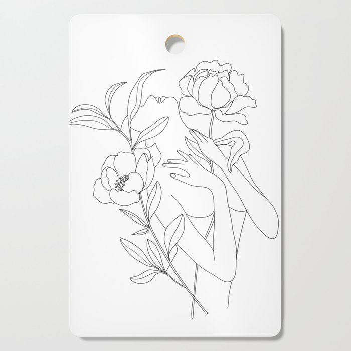 Minimal Line Art Woman with Peonies Cutting Board Gallery Image 1