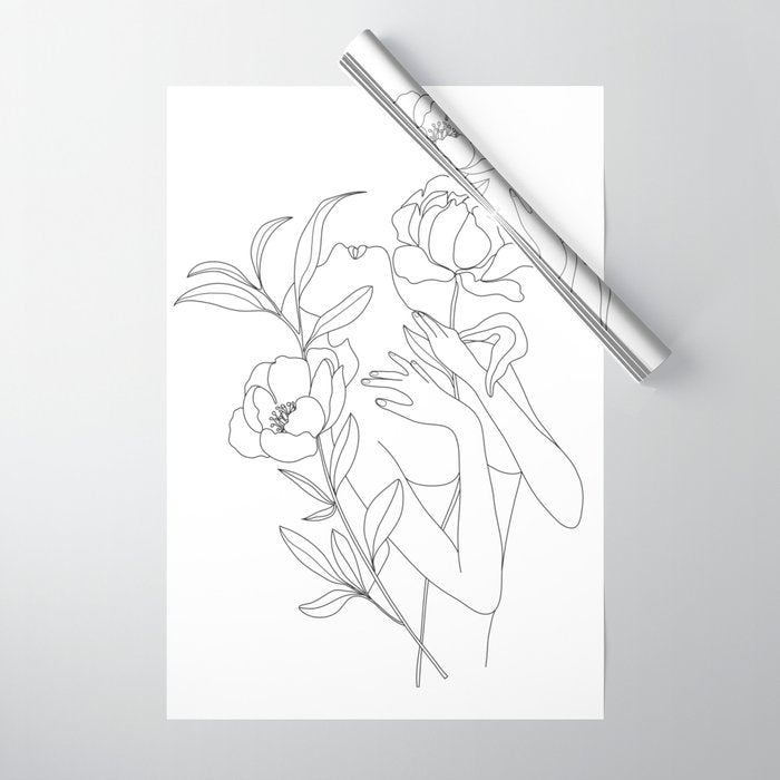 Minimal Line Art Woman with Peonies Wrapping Paper Gallery Image 1