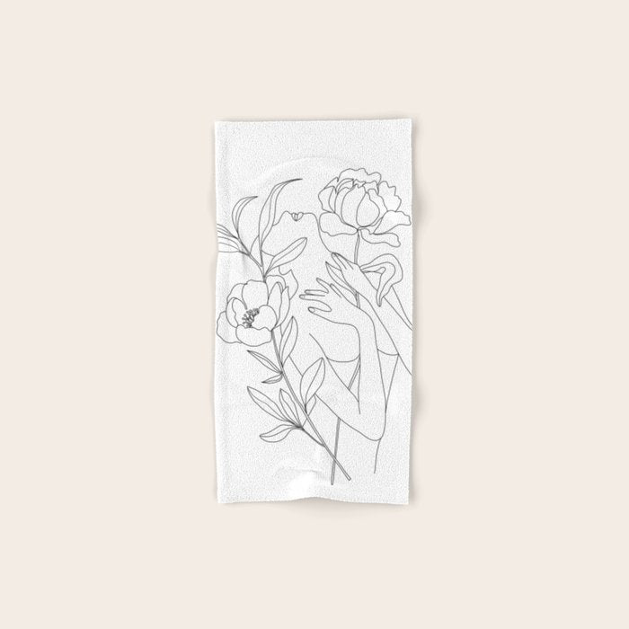 Minimal Line Art Woman with Peonies Towels Gallery Image 1