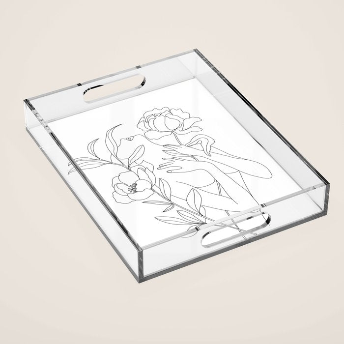 Minimal Line Art Woman with Peonies Acrylic Tray Gallery Image 1