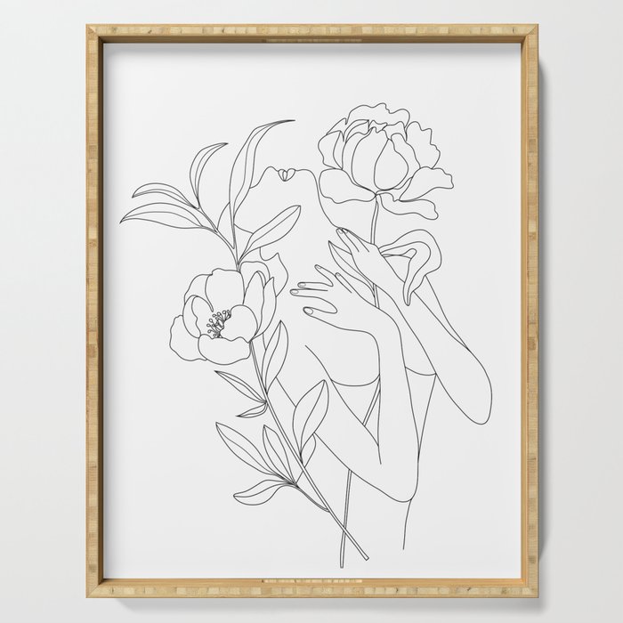Minimal Line Art Woman with Peonies Serving Tray Gallery Image 1