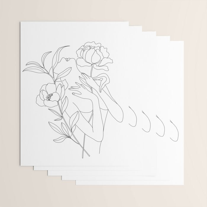 Minimal Line Art Woman with Peonies Wrapping Paper Gallery Image 3