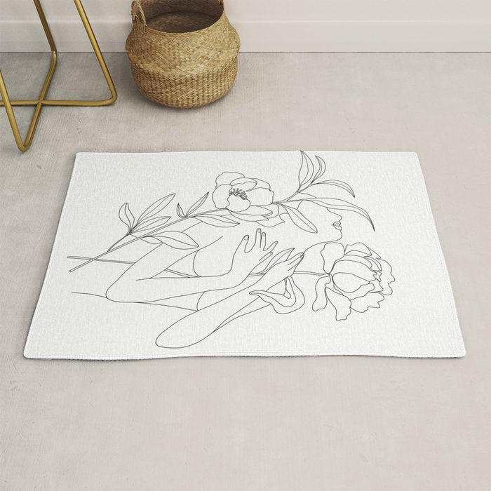 Minimal Line Art Woman with Peonies Rug Gallery Image 1