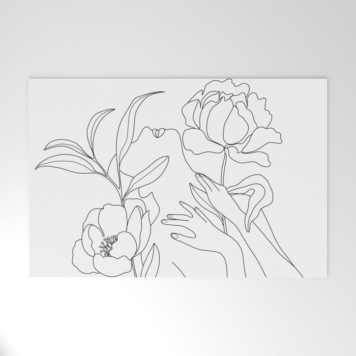 Minimal Line Art Woman with Peonies Welcome Mat Gallery Image 1